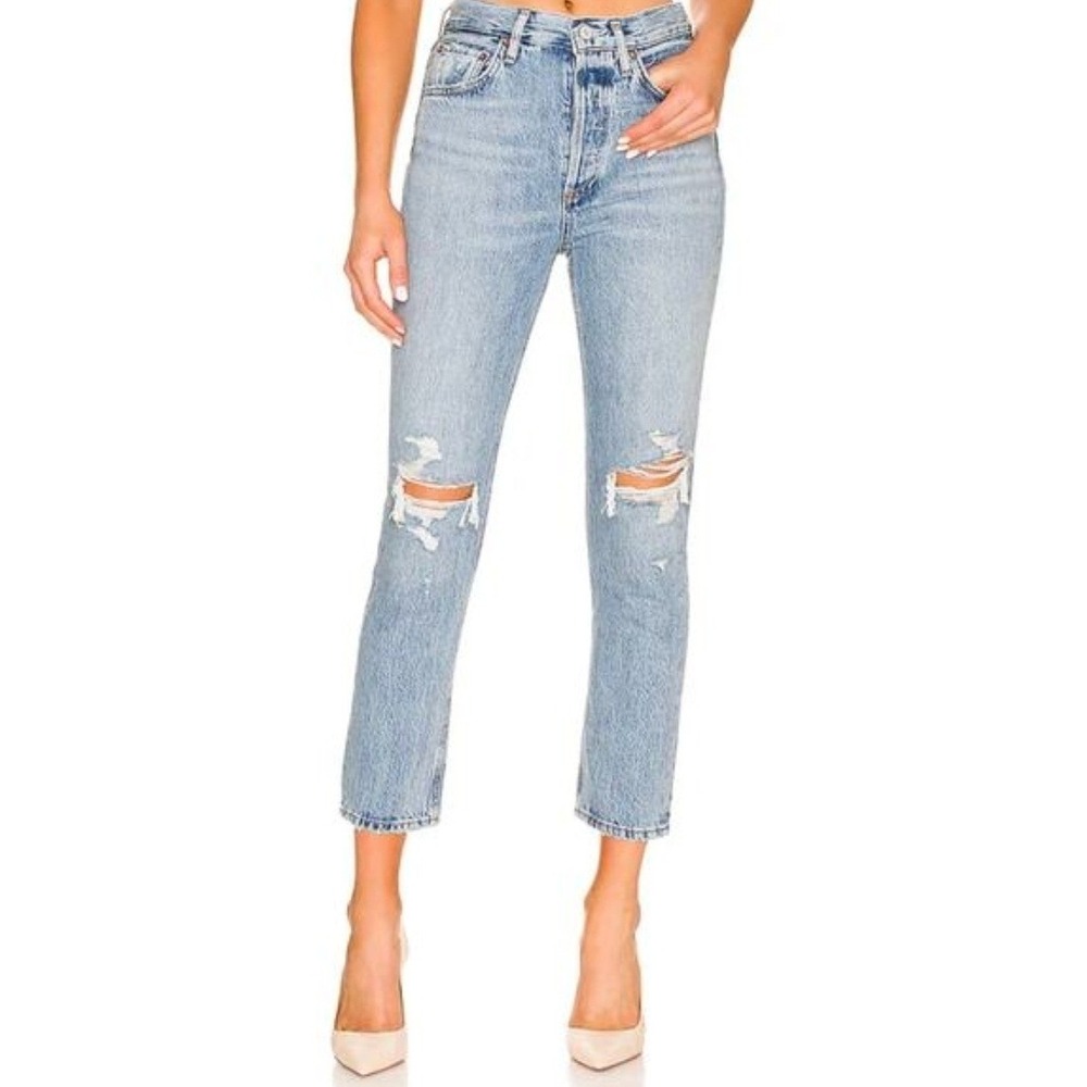 Agolde Riley High Rise Crop Light Wash Distressed Jeans Womens 26 Organic Cotton